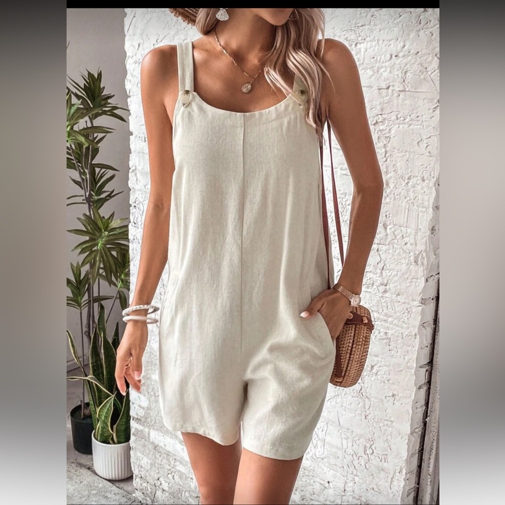 EMERY ROSE Sleeveless Cream Linen-Blend Romper w/ Side Pockets size XL NWT